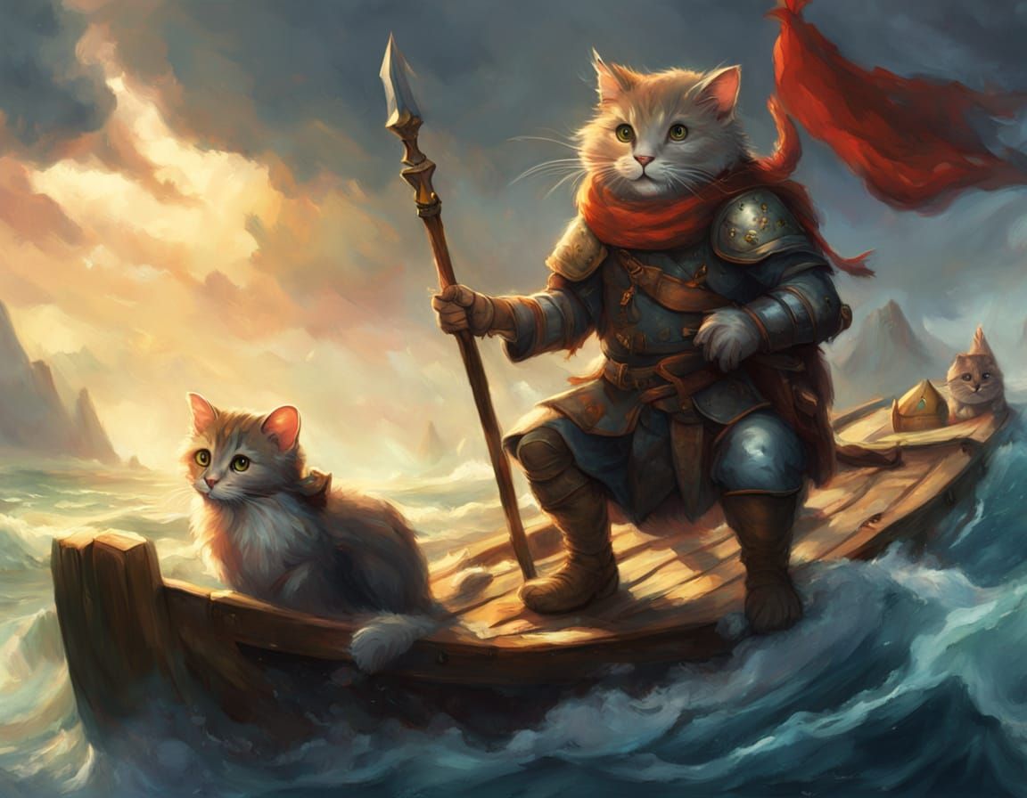 Heroic Mouse Knight and Noble Cat on Raft