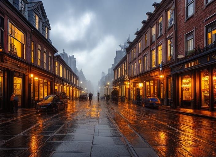 Rainy City Street: Victorian Steampunk Oil Painting