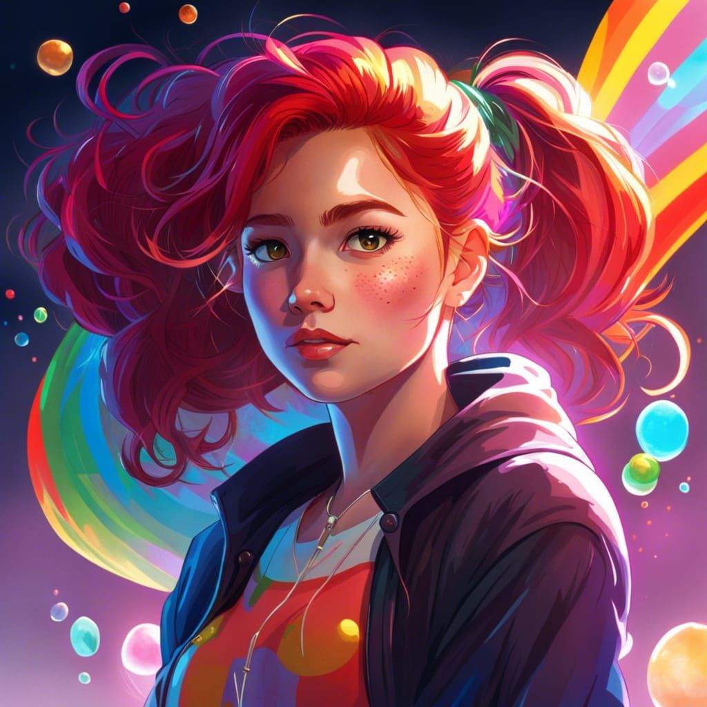 Crimson Haired Woman with Rainbow Eyes