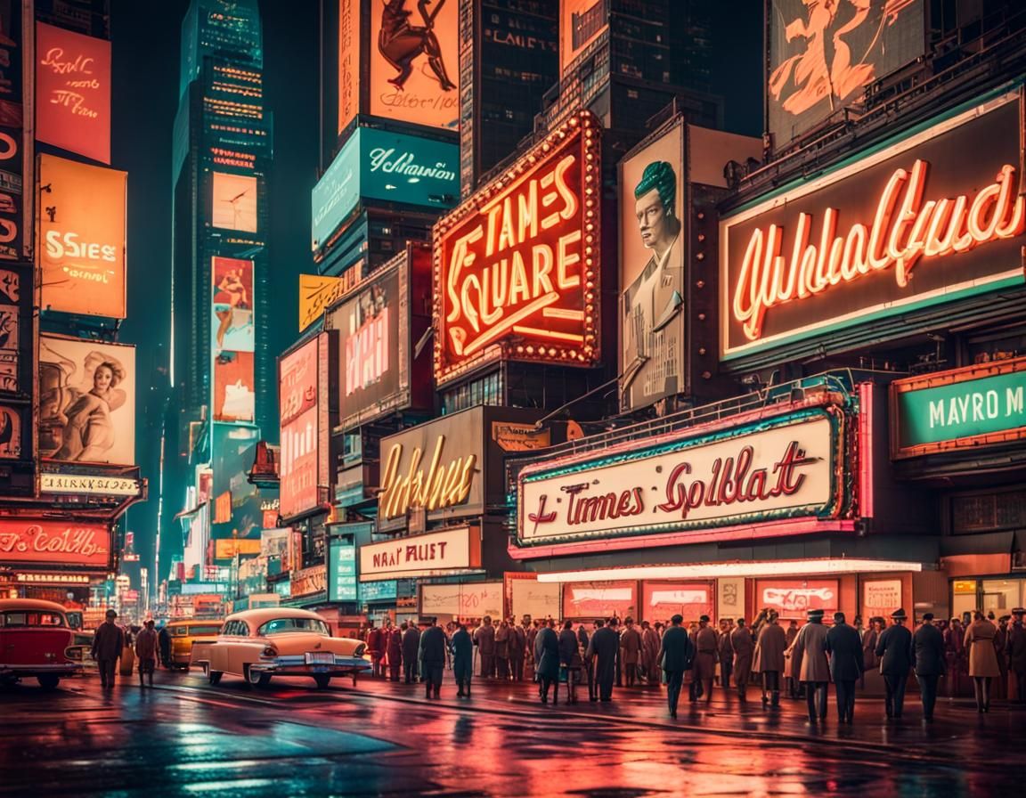 1950s Times Square Neon Lights at Night