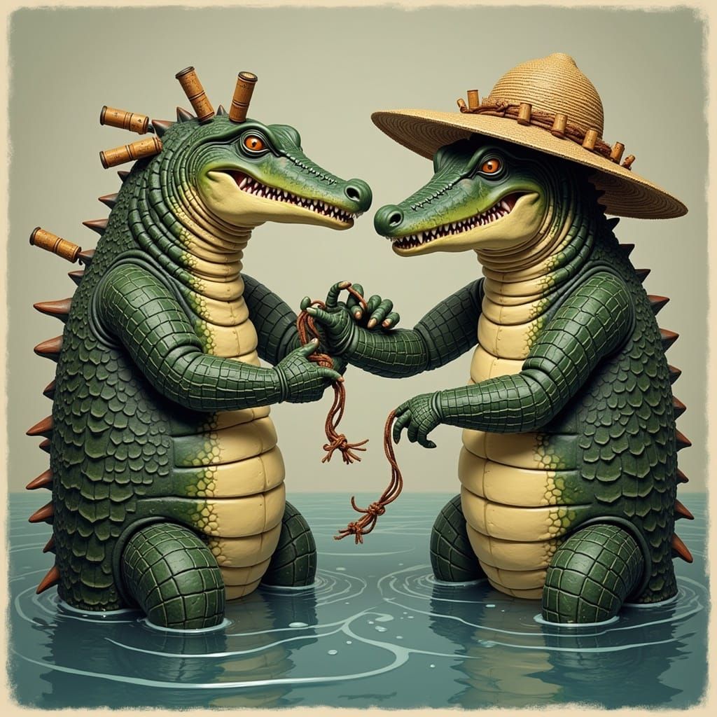 Anthropomorphic Crocodile Arm Wrestles a Shark
