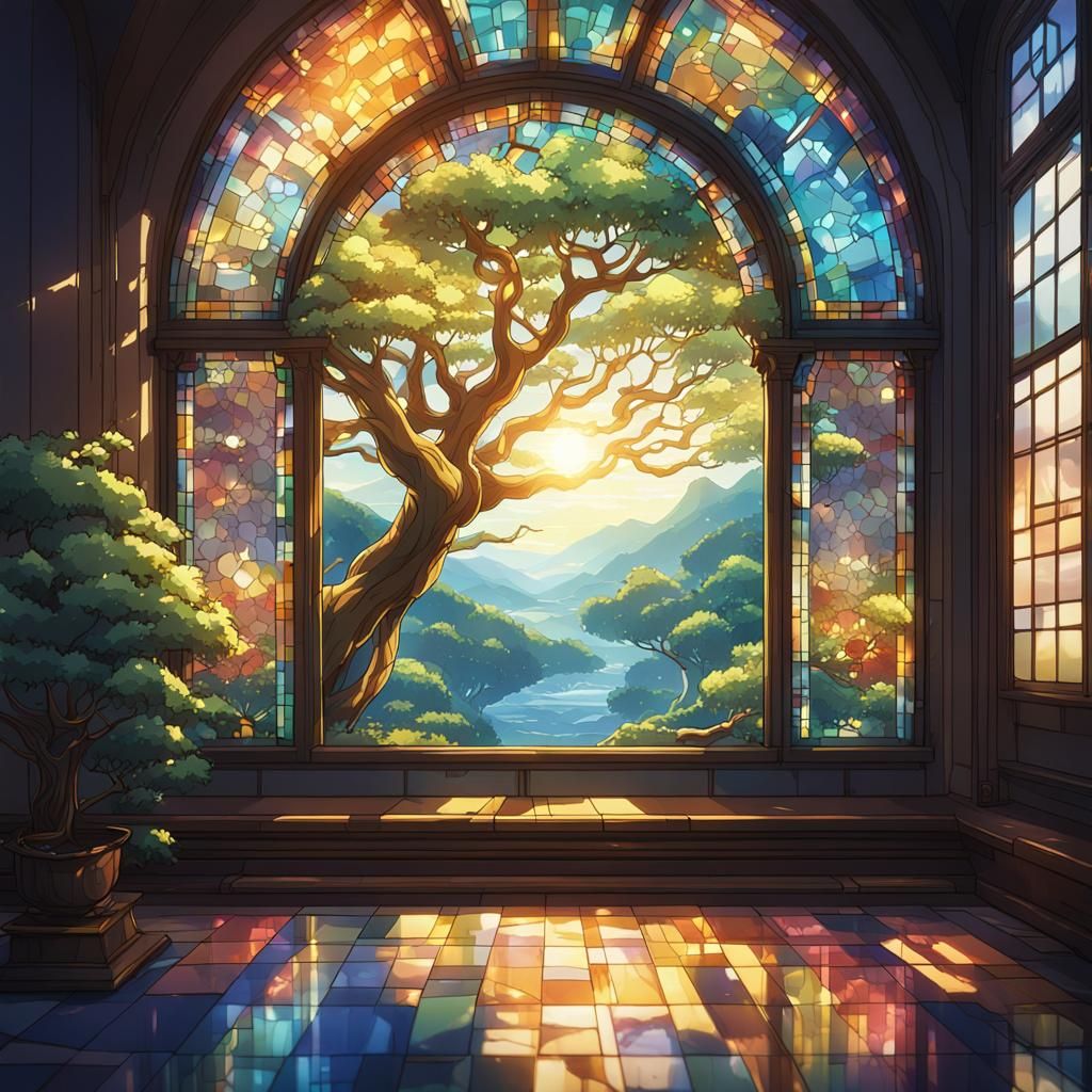 Radiant Stained Glass Window in Anime Style