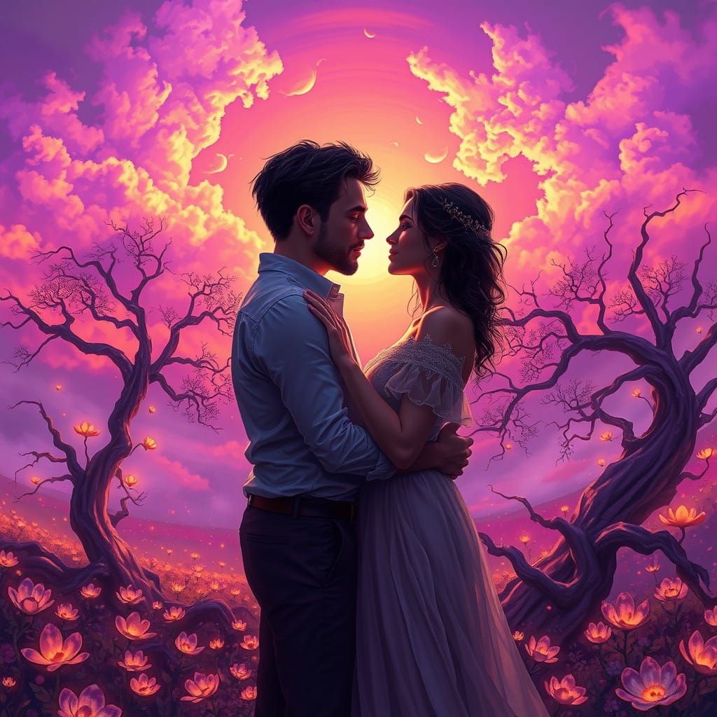 Enchanted Couple in a Vibrant, Mystical Landscape