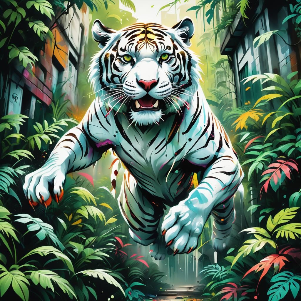 White Tiger Leaps: Graffiti Art Jungle Scene