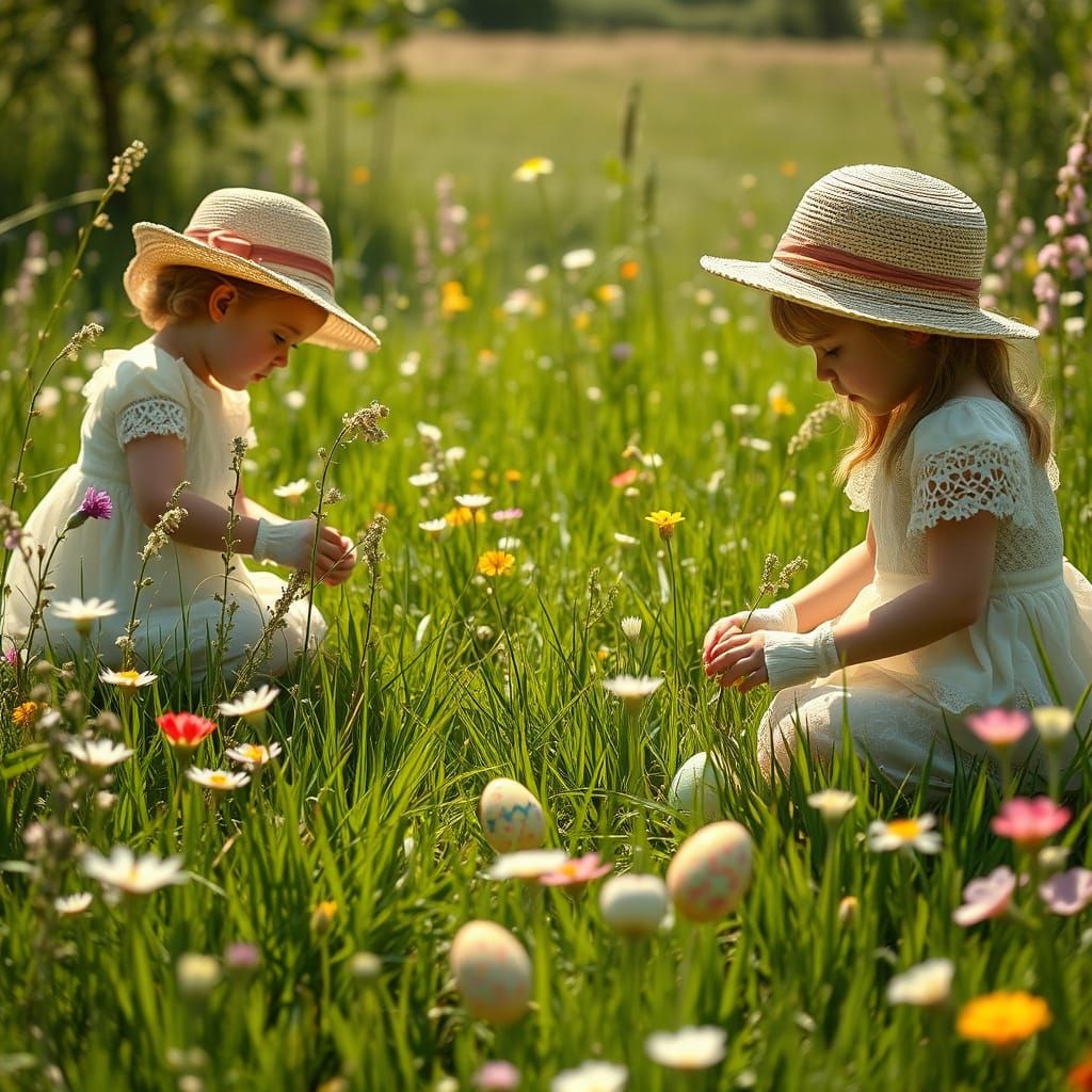 Vintage Easter Egg Hunt Scene in a Whimsical Meadow