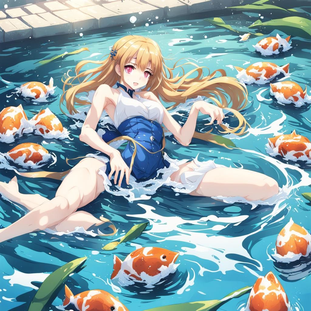 Anime Girl Surrounded by People in Water