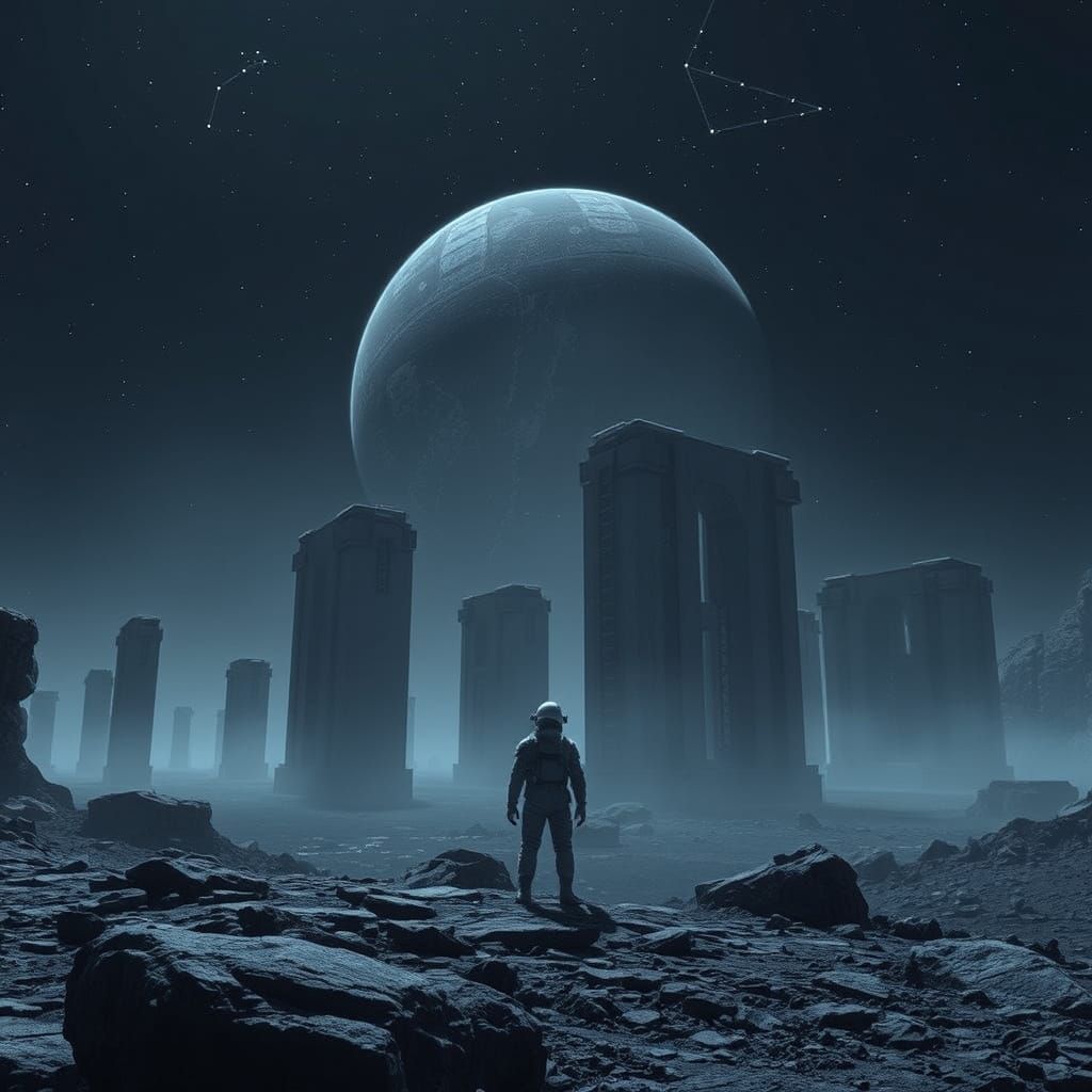 Surreal Moonlit Landscape with Mysterious Ruins and a Watchf...