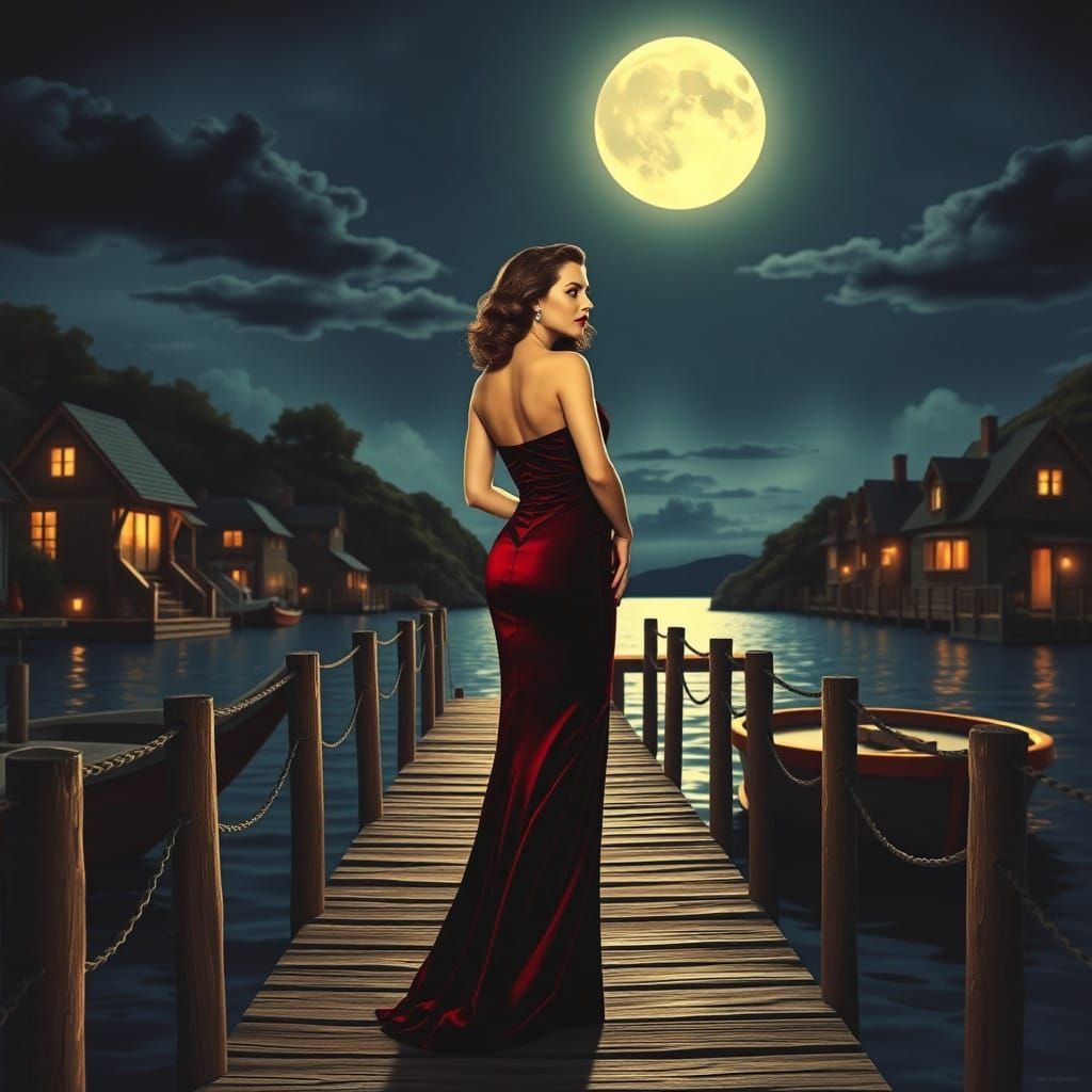 Sultry Femme Fatale on Moonlit Dock in 1950s Hollywood Film....