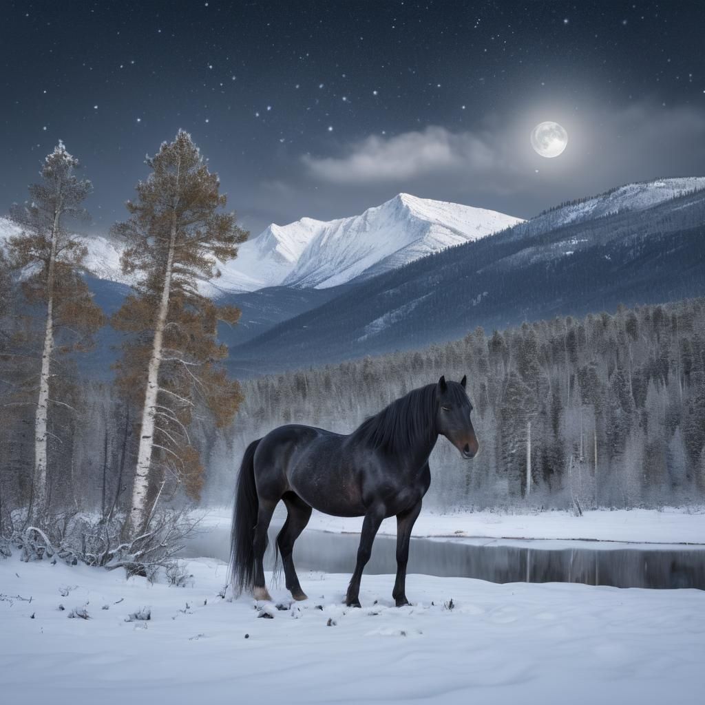 Wild Black Horse in Snowy Mountain Valley