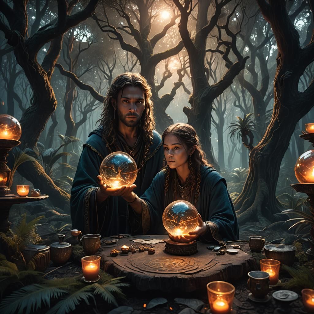 Mystic in Dark Forest with Crystal Ball: Fantasy Art