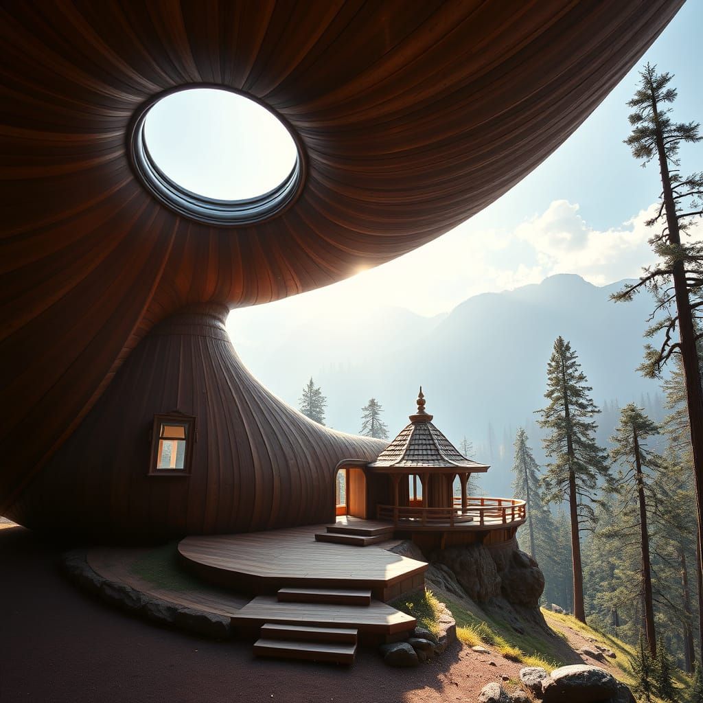 Giant Redwood Snail Shell Temple in Ghibli Style