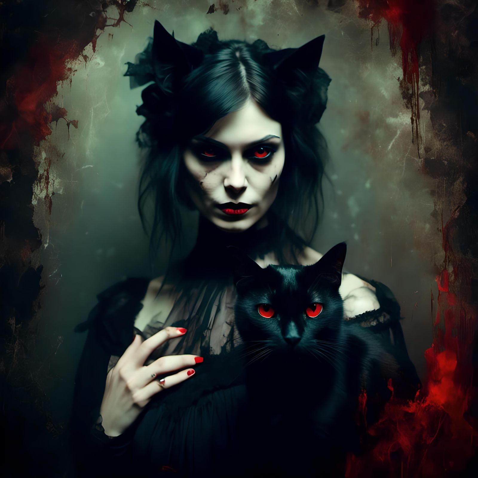 Elegant Woman with Cat in Macabre Style