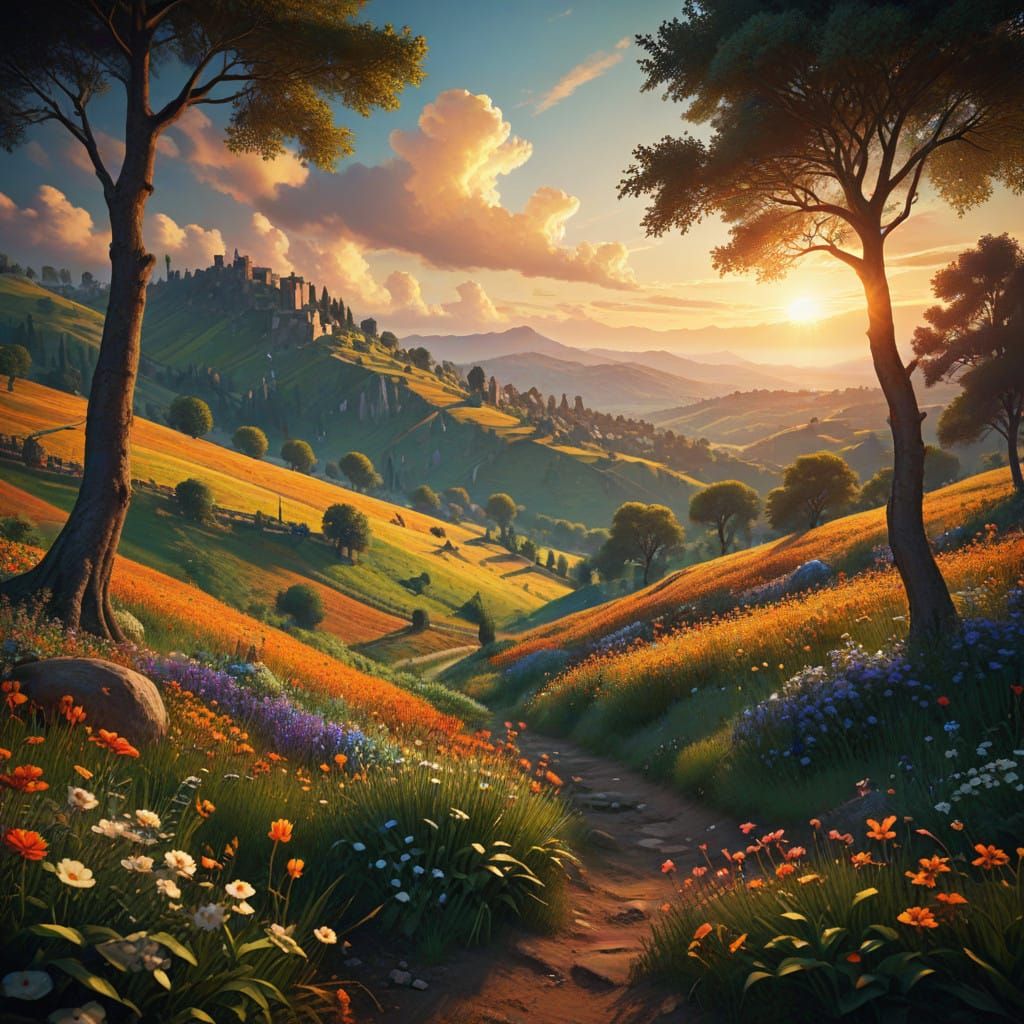 Vibrant Summerscape Sunset in Dreamy, Impressionist Style