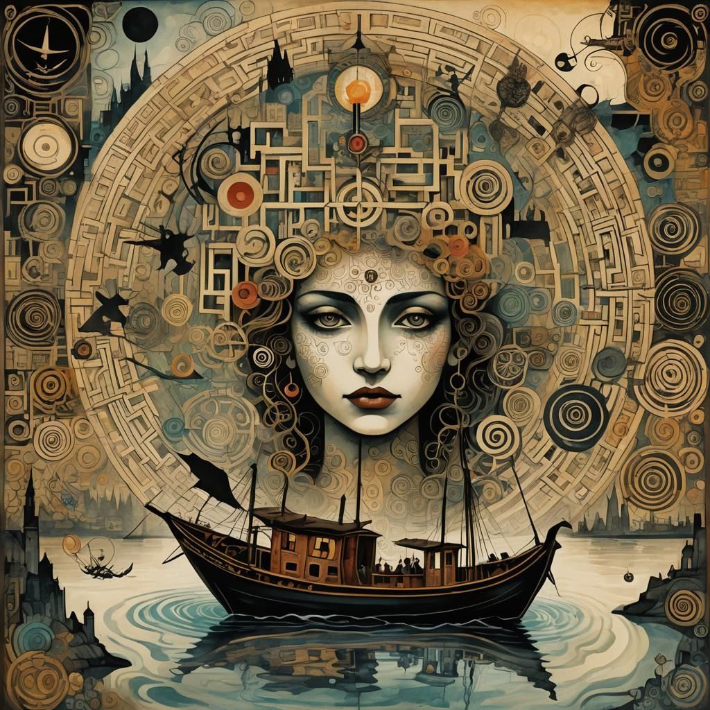 River Thames Boat in Surreal Gothic Ink Painting