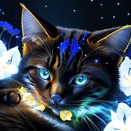 Bioluminescent Cat Flowers in Fantasy Forest Painting