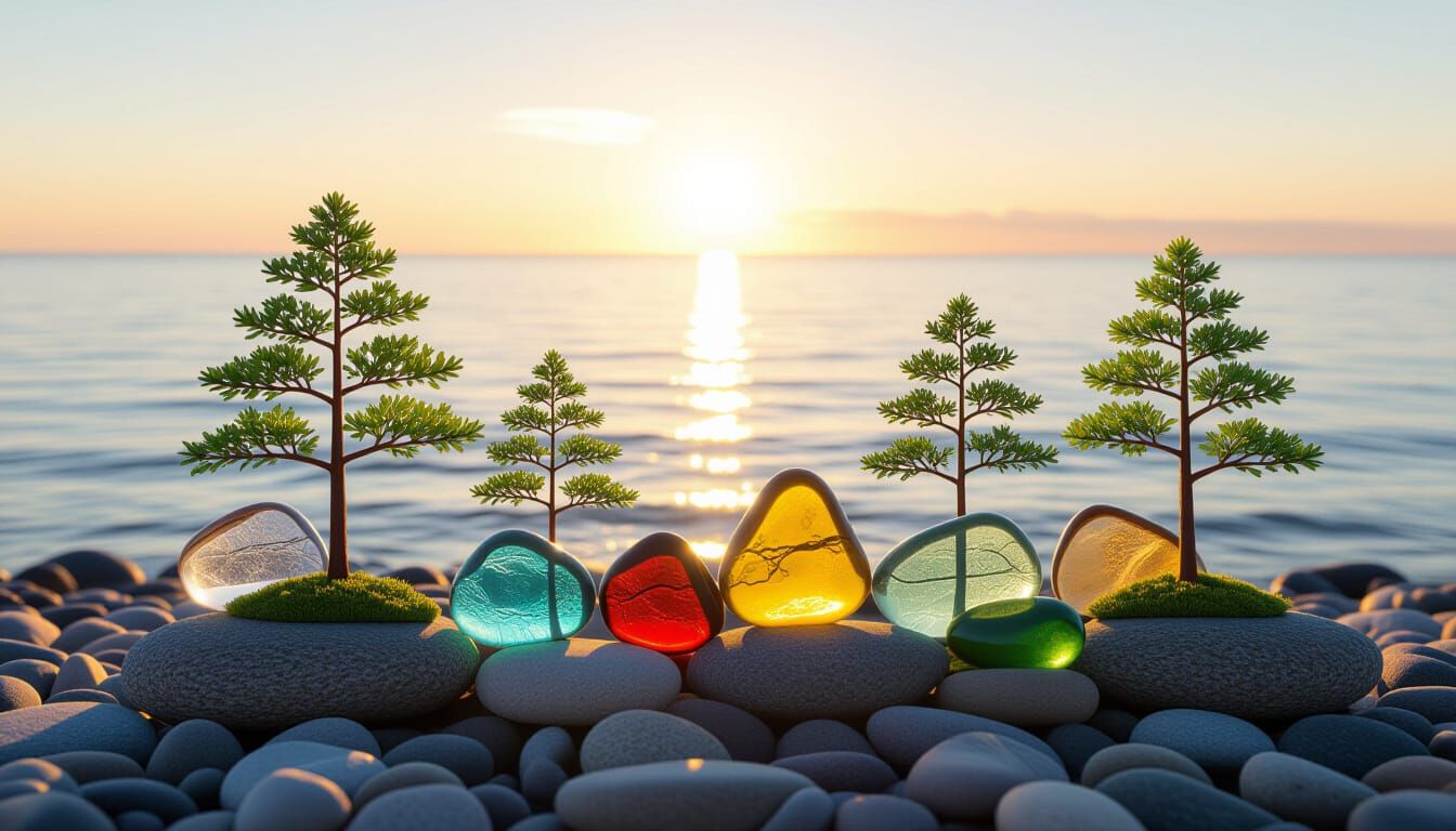 Minimalist Landscape of Sea Glass Trees and Rocks