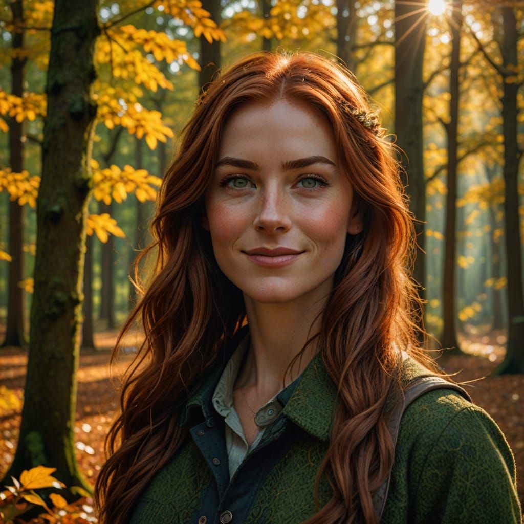 Autumn Forest Lady With Brilliant Smile Cinematic Photo