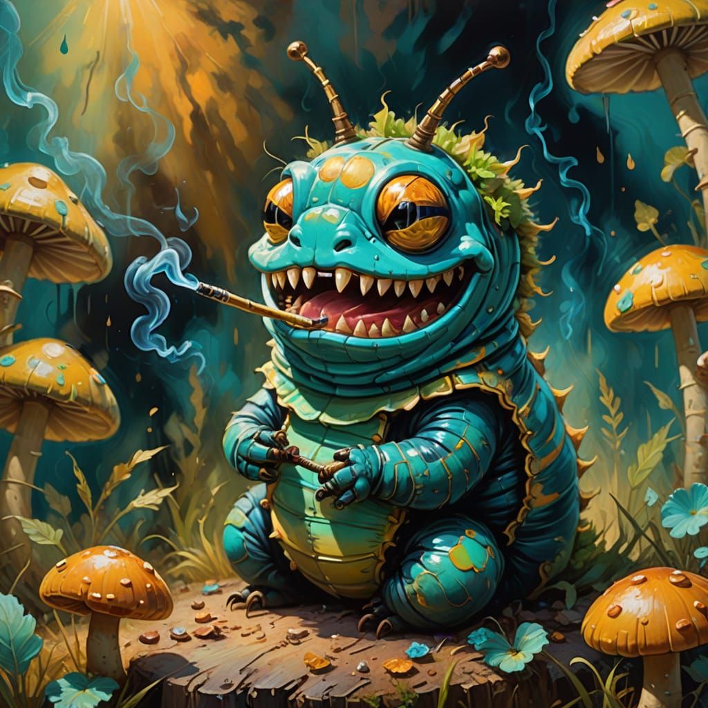 Smoking Caterpillar on Mushroom in Impressionist Style