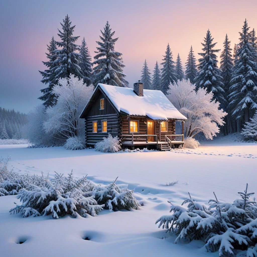 Winter Scene in Frosty Landscape with Snowy Cabin