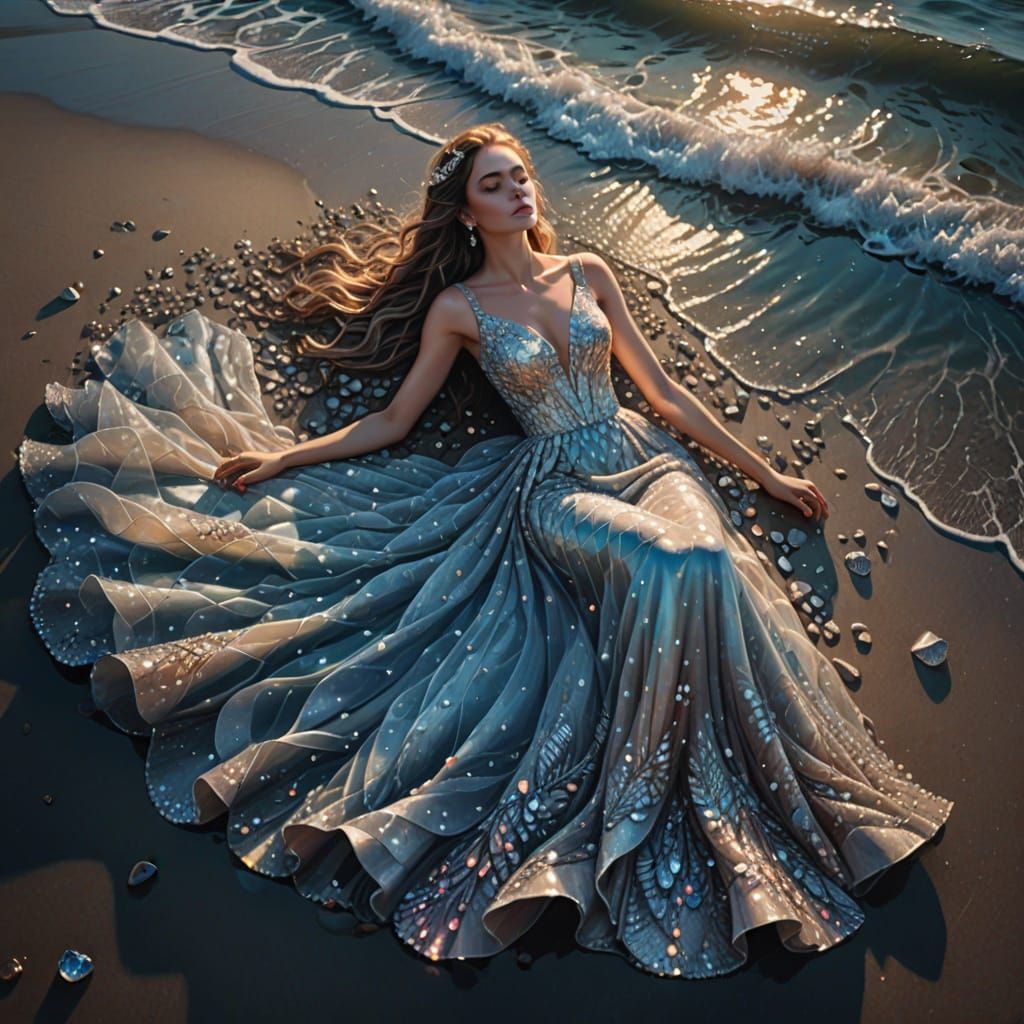 Dreamy Girl on Ocean Shore in Pastel Colors