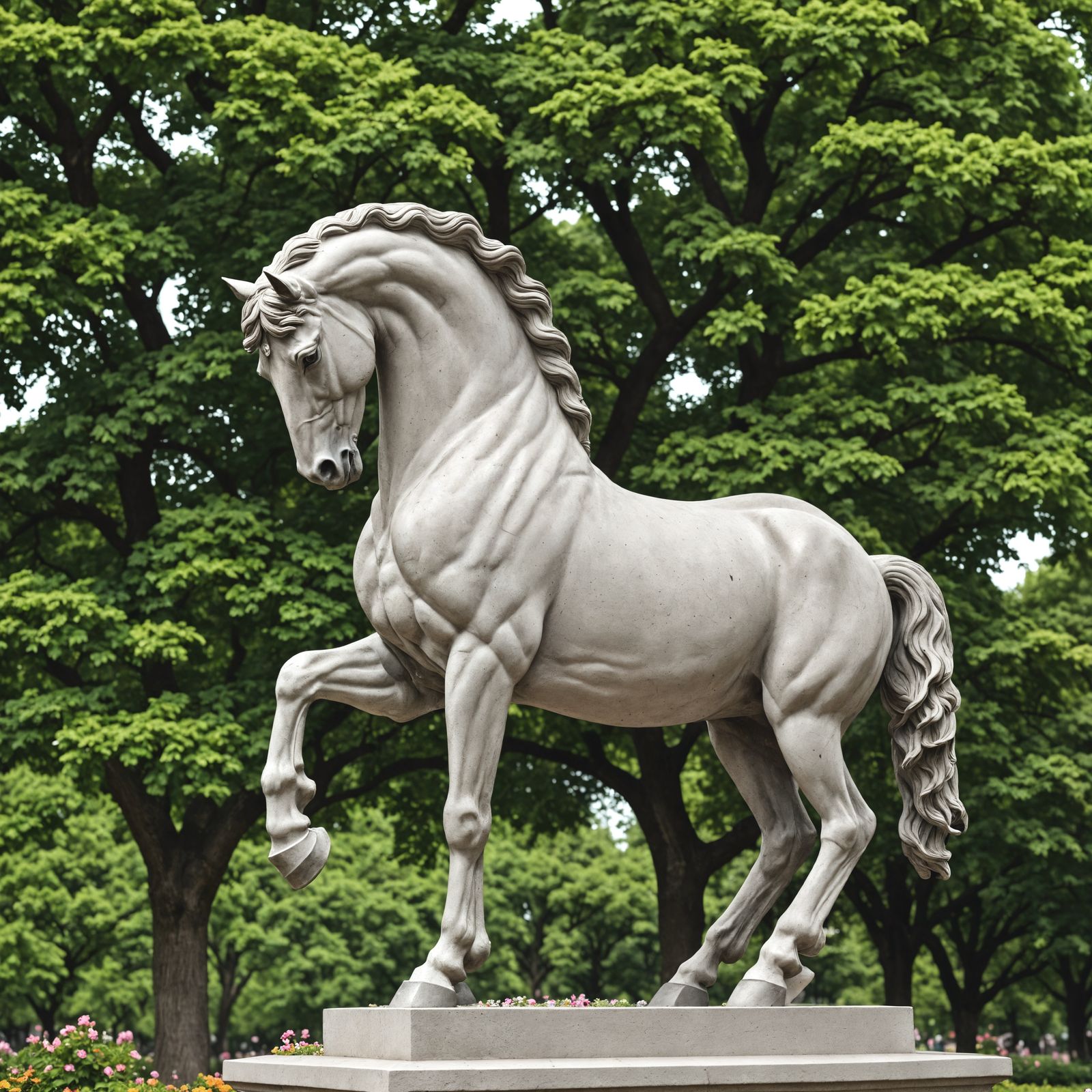 A Stone Horse Statue Amidst Urban Nature
