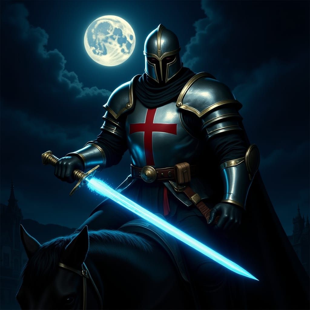 Knight Templar with Gleaming Blade Under Moonlight