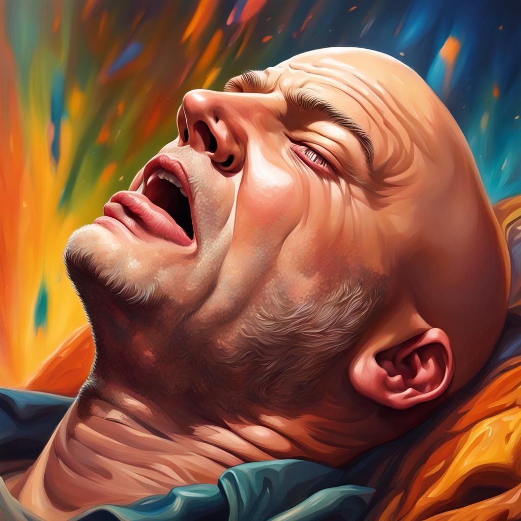 Hyperrealistic Portrait of a Snoring Bald Man