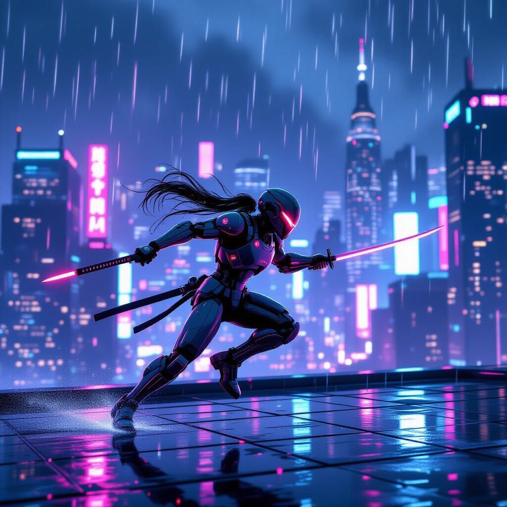 Cyborg Ninja on Neon Rooftop in Pixel Art Style
