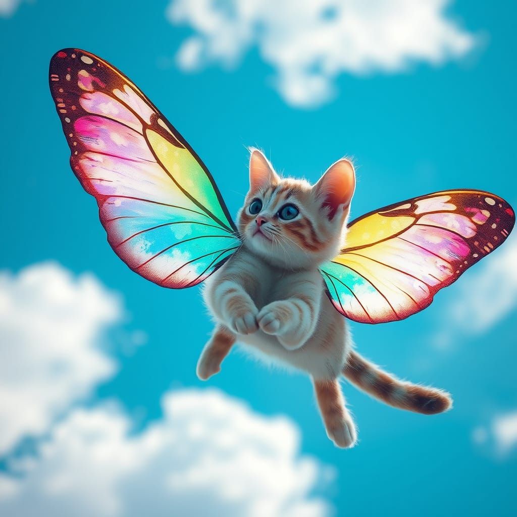 Cat with Butterfly Wings Soaring in Dreamlike Scene