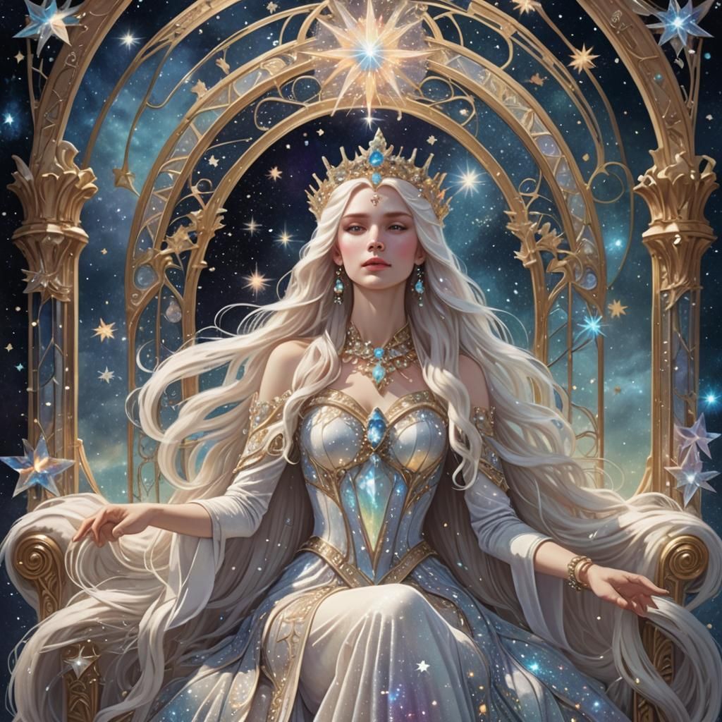 Ethereal Art Nouveau Queen of Stars on Crystal Throne