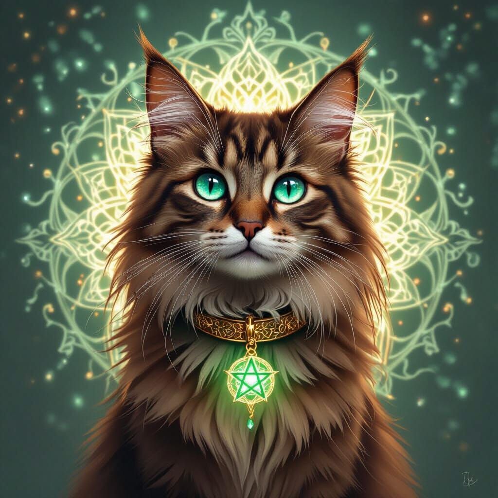 Cocoa Cat with Emerald Pentacle in Digital Art