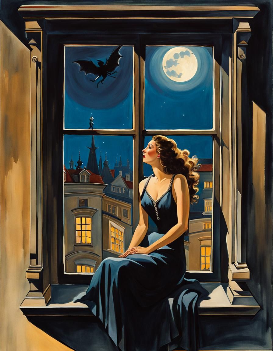 Prague Street Scene: Woman, Moon, and Witches