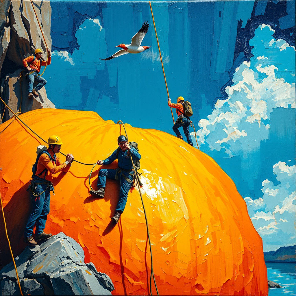 Miniature Climbers Ascend Giant Orange, Expressionist Oil Pa...