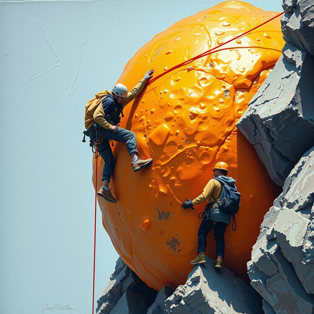 Miniature Climbers Ascend Giant Orange, Neo-Impressionist St...
