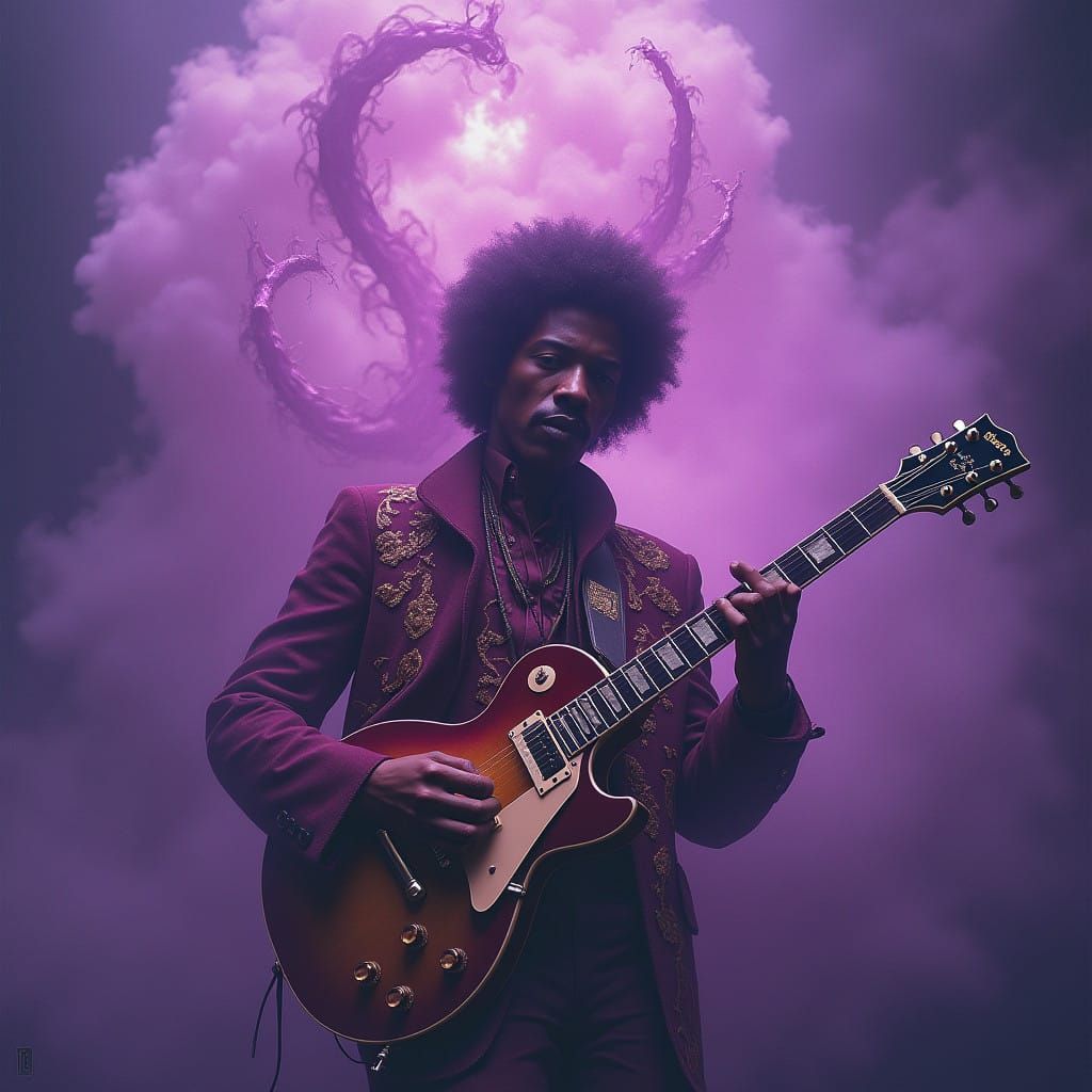 Dreamlike Jimi Hendrix in Swirling Purple Haze