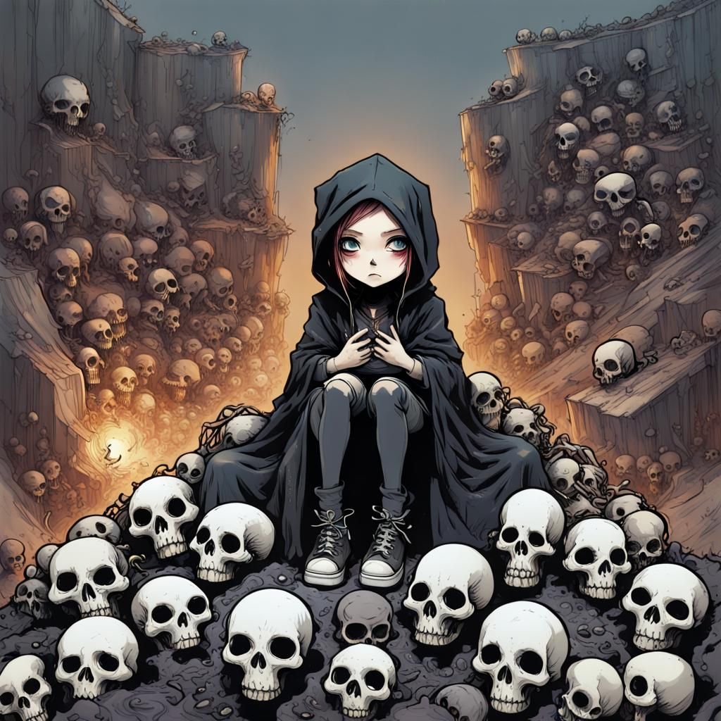 Chibi Necromancer Priestess on Skull Cliff - Cute Horror