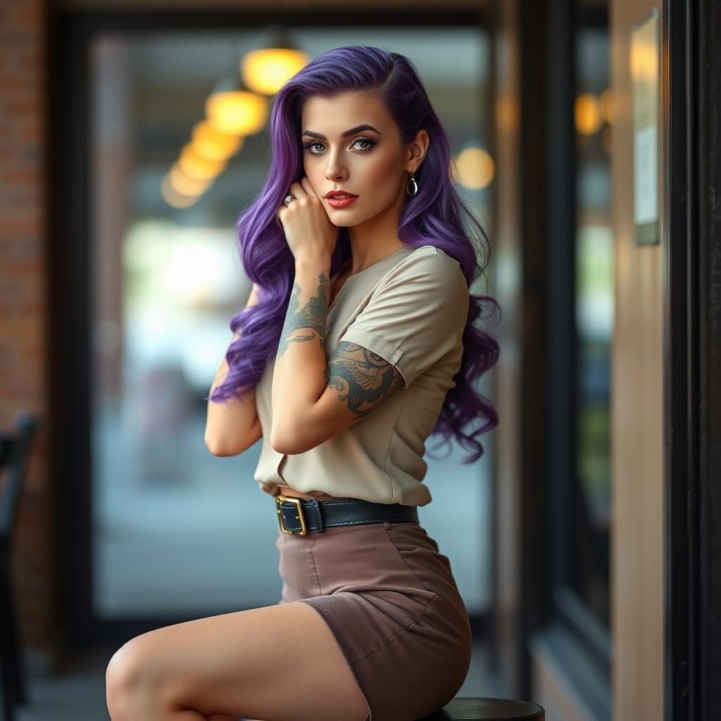 Classic Pin-Up Girl with Purple Hair, 1940s Style