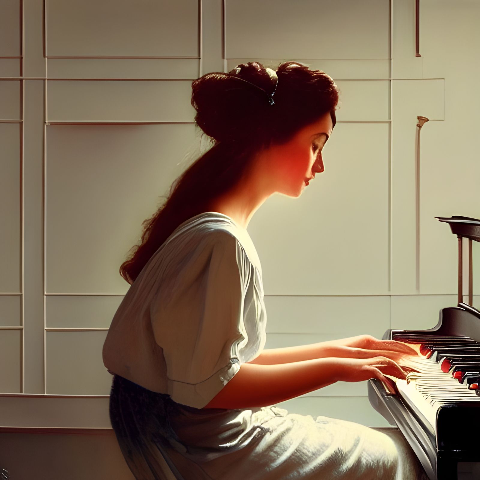 Woman Playing Piano in Detailed Illustration Style