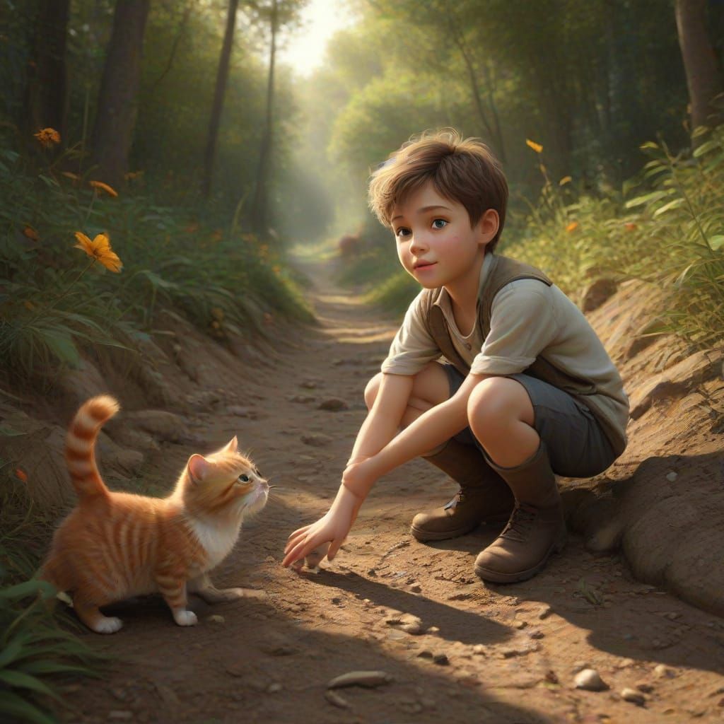Boy Falls Towards Whimsical Cat Creature in Russian Folklore...
