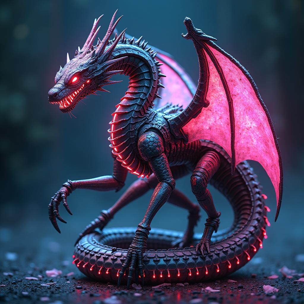 Neon Cyborg Serpent Hybrid with Biomechanical Details
