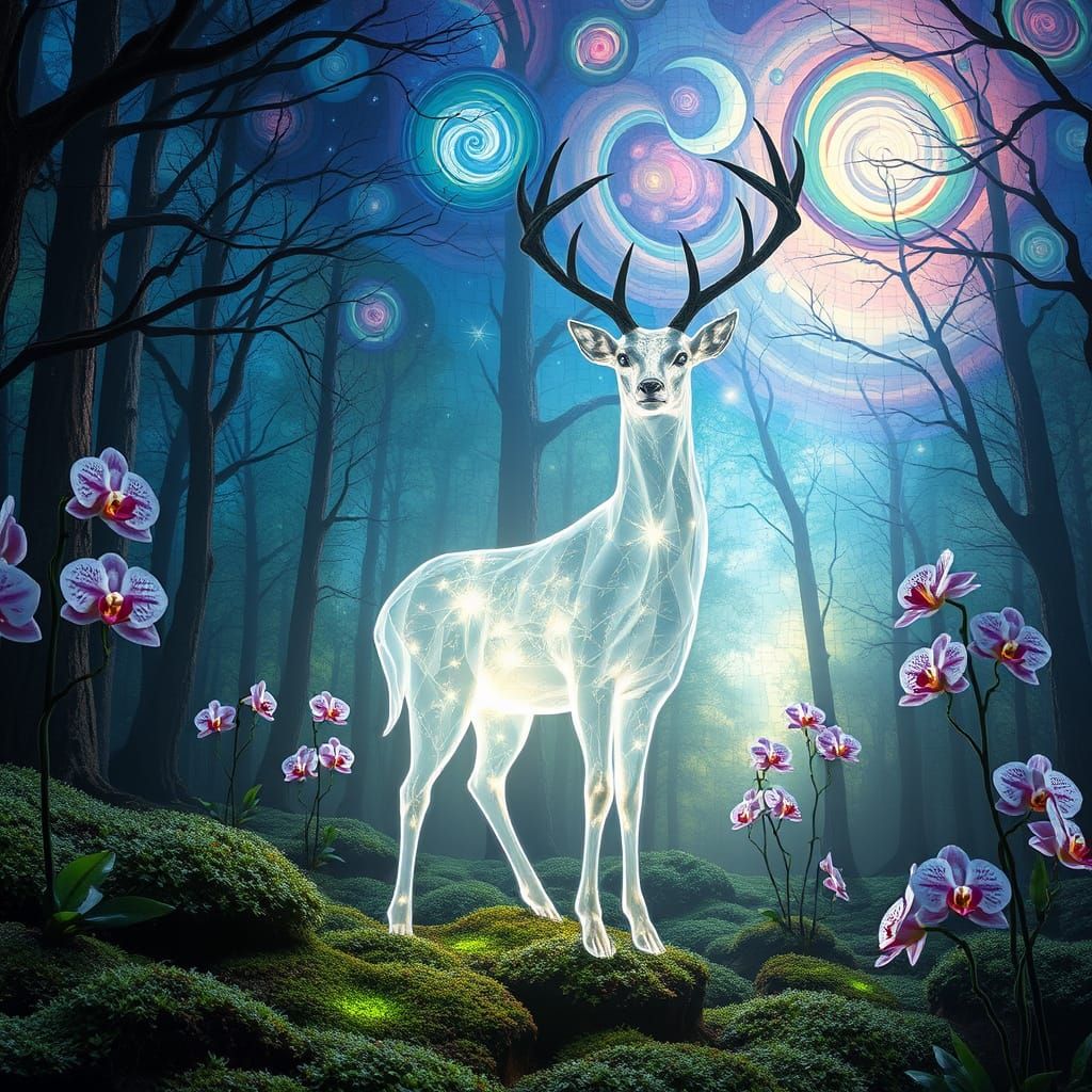 Ethereal Deer in Stained Glass Forest