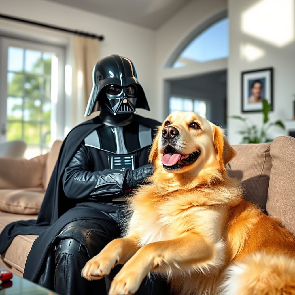 Darth Vader Petting a Golden Retriever in a Spacious Living ...