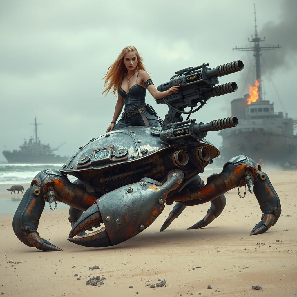 Woman Rides Metal Crab in Post-Apocalyptic Landscape