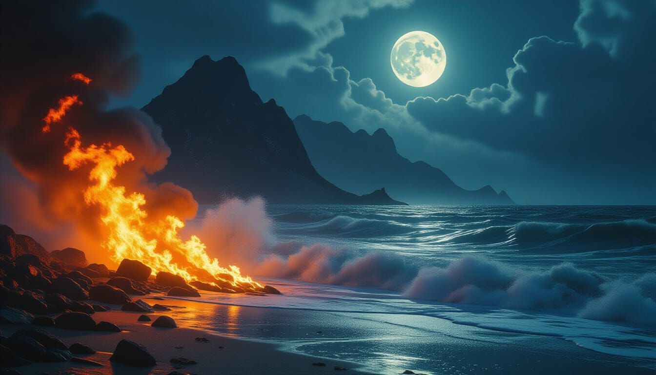 Primal Nature Clash: Fire, Water, Mountains Under Full Moon