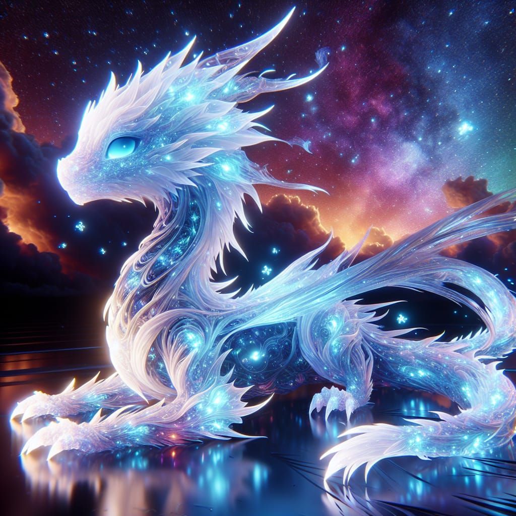 Ethereal Bioluminescent Chibi Dragon in Opalescent Glow