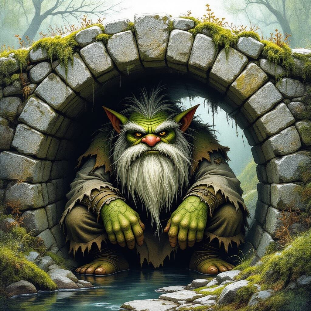 Moss-Covered Troll Hiding Under Stone Bridge