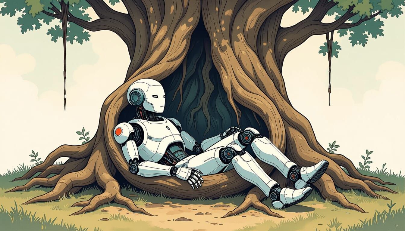 Robot Humanoid Rests in Tree Roots with Pencil Shading