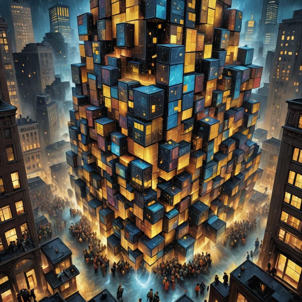 Tetris Blocks Float Above Wall Street: Digital Art