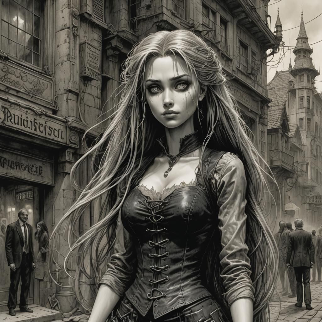 Rapunzel as Bad Girl Businessman in Dark Manga Style