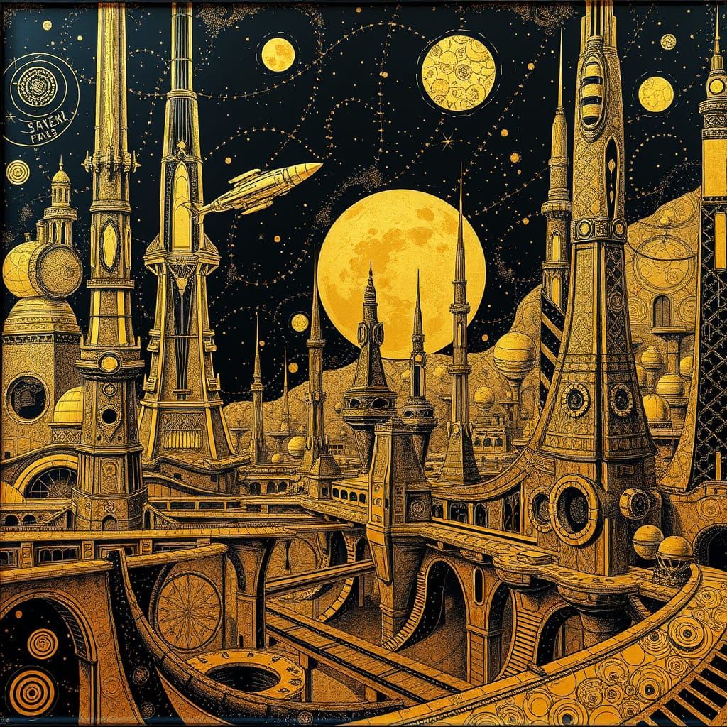 Futuristic Spaceport in Gold and Black Art Nouveau Style